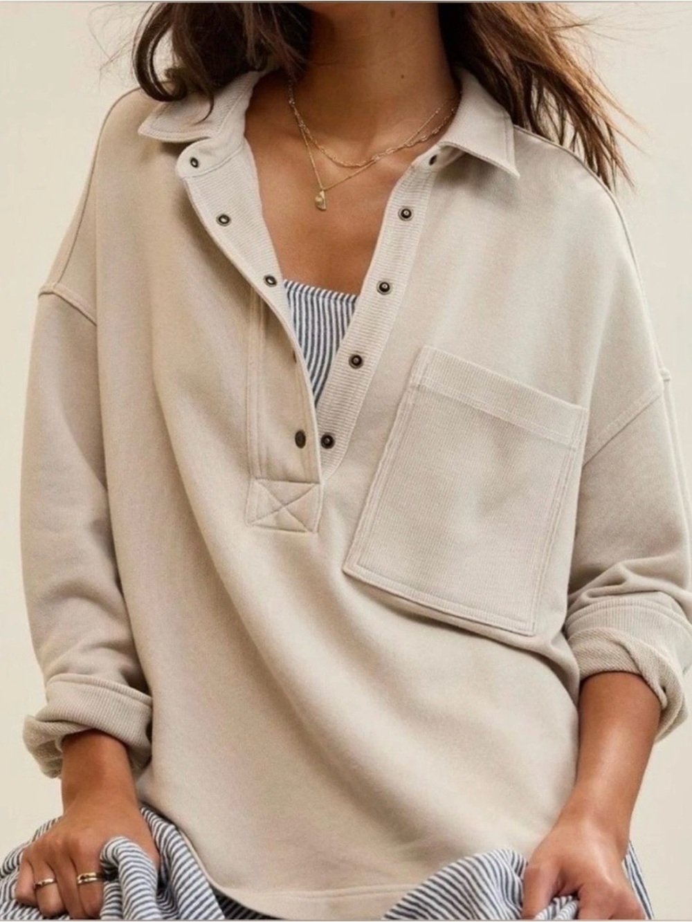 Aerie Popover Polo Sweatshirt Small Tan Oversized Button Collar French Terry